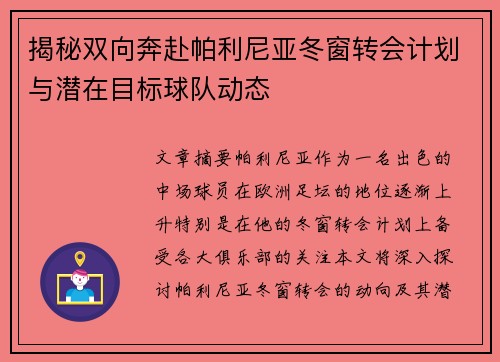 揭秘双向奔赴帕利尼亚冬窗转会计划与潜在目标球队动态